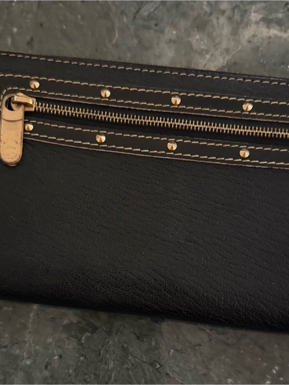 Louis Vuitton Black Leather Zip Wallet with Gold Studs